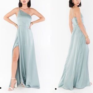 Show Me Your MuMu NWT Shannon One Shoulder Dress Light Green Silver Satin Sz XS